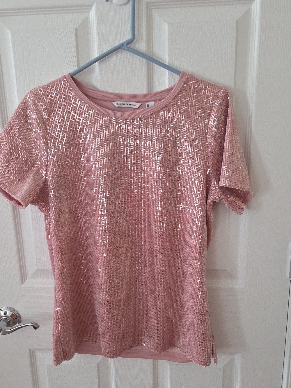 Isaac Mizrahi Rose Pink Sequin Short Sleeve Tee